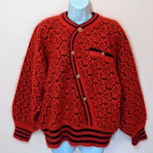 VTG Rafiana Faux Wrap Red Sweater Soft Fuzzy Angora Wool Blend Buttons Dolman M - Picture 1 of 14